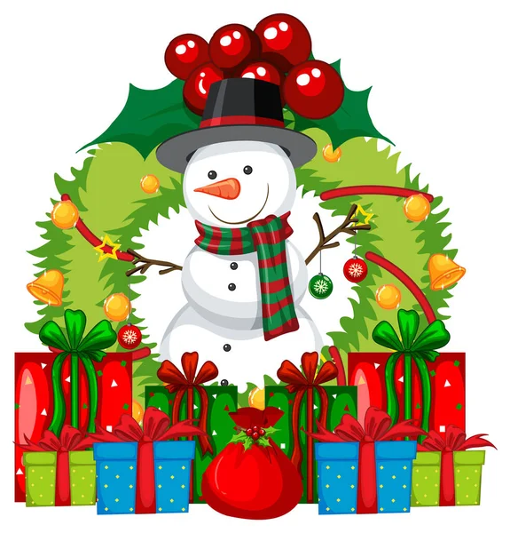 Snowman Christmas Wreath Many Gift Boxes Illustration — Stock Vector