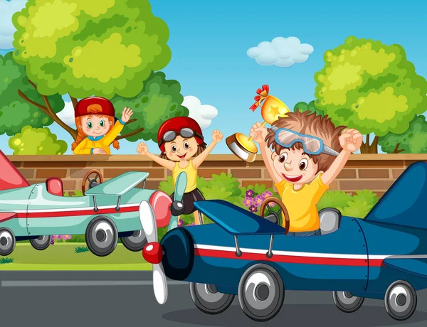 Escena Aire Libre Con Niños Coche Carreras Ilustración — Archivo Imágenes Vectoriales