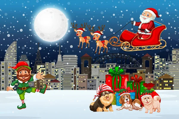 Snowy Winternacht Met Kerstman Slee Dieren Illustratie — Stockvector
