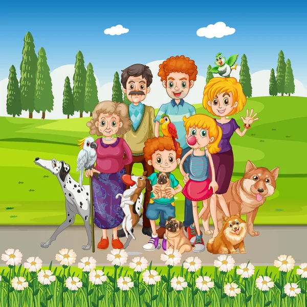 Scène Extérieure Avec Famille Leurs Chiens Illustration — Image vectorielle