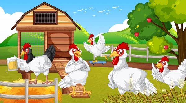 Chickens Cartoon Characters Nature Farm Scene Illustration — Stock Vector