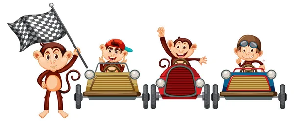 Soap Box Derby Monkey Racing Drivers Illustration — Stock Vector