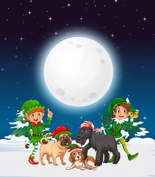 Notte Invernale Nevosa Con Gli Elfi Natale Cani Illustrazione — Vettoriale Stock