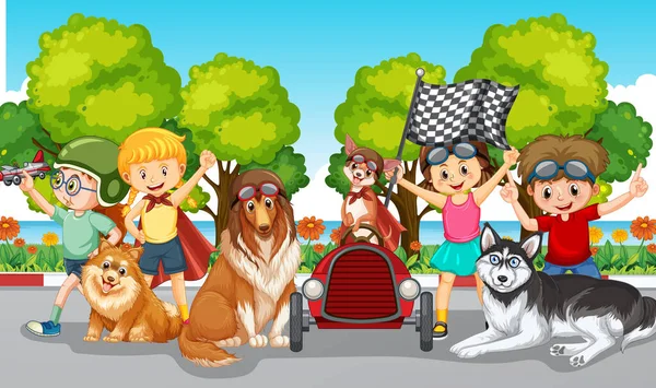 Outdoor Scene Met Kinderen Veel Leuke Honden Illustratie — Stockvector