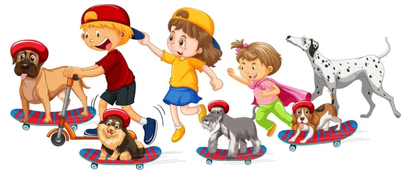 Kinderen Met Hun Honden Skateboards Illustratie — Stockvector