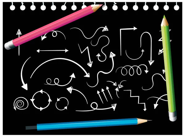 Szkice Linii Doodles Czarnym Papierze Kolorowymi Ołówkami Ilustracja — Wektor stockowy
