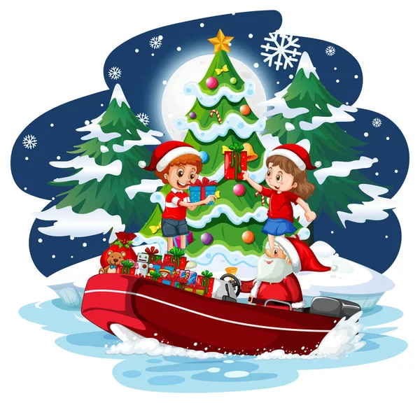 Weihnachtsmann Auf Einem Schnellboot Bei Verschneiter Nacht Illustration — Stockvektor
