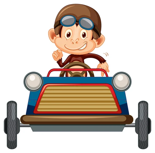 Little Monkey Driving Race Car White Background Illustration — Stock Vector