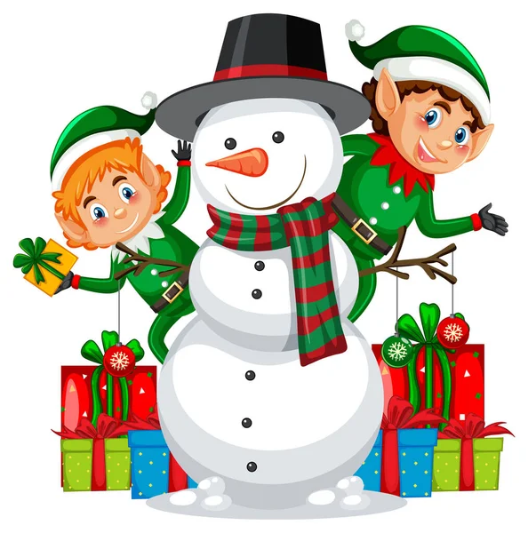 Elves Snowman Christmas Theme Illustration — Stock Vector