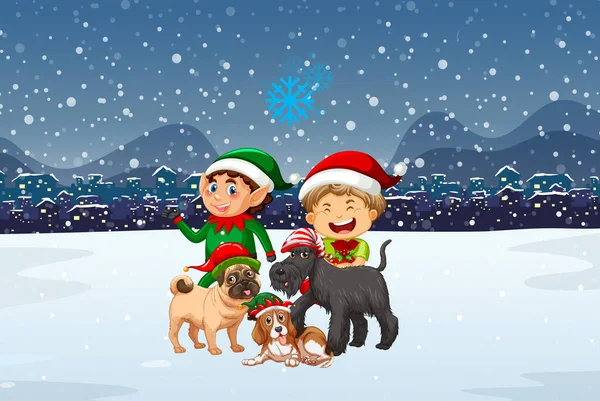 Snowy Kerstavond Met Stripfiguren Illustratie — Stockvector
