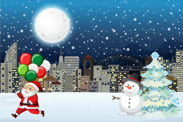 Snöig Vinternatt Med Jultomten Och Snögubbe Illustration — Stock vektor