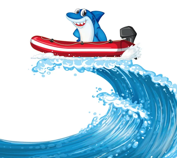 Happy Shark Inflatable Boat Ocean Wave Illustration — Stock vektor