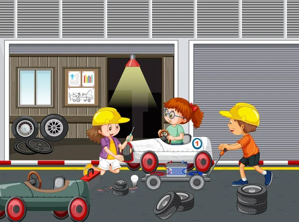 Children Repairing Car Together Garage Illustration — Wektor stockowy
