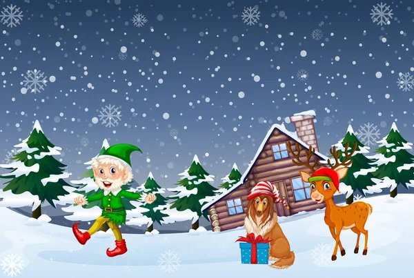 Snowy Boże Narodzenie Noc Postaciami Kreskówek Ilustracja — Wektor stockowy