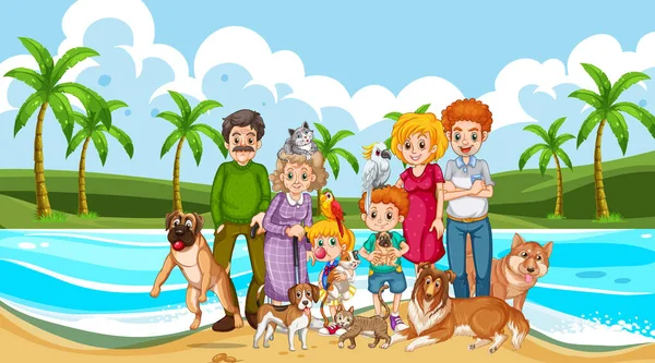 Familia Feliz Playa Ilustración — Vector de stock