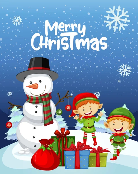 Kerst Poster Ontwerp Met Sneeuwpop Elfen Illustratie — Stockvector