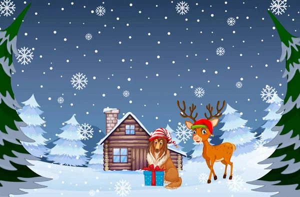 Снежная Зимняя Ночь Рождественским Эльфом Иллюстрацией Оленей — стоковый вектор