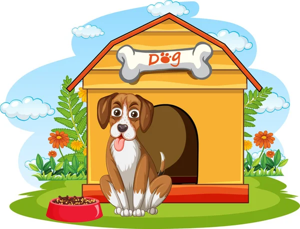 Dog Sitting Front Doghouse Illustration — Stock Vector