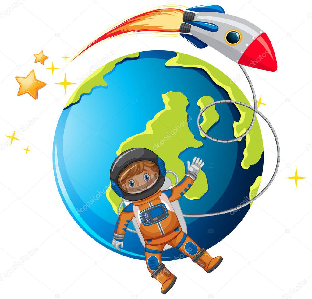 An astronaut with rocketship and earth planet illustration