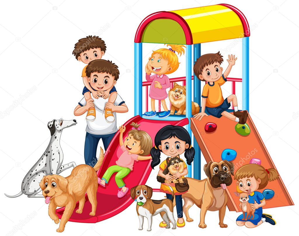 Children playing with their dogs at playground illustration