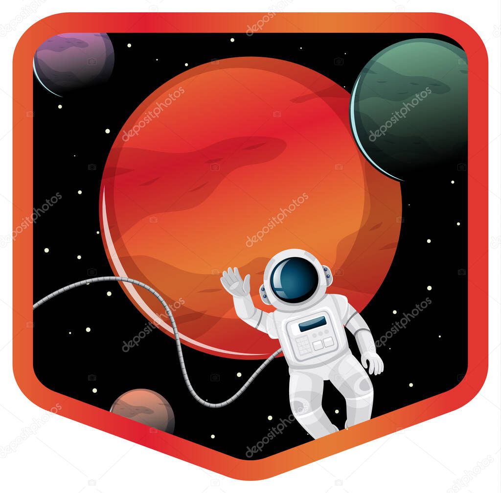Astronaut and Mars in the space badge on white background illustration