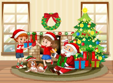 Çocuklar Noel 'i evde Noel Baba resimleriyle kutluyorlar.