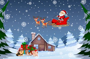 Karlı kış gecesi Noel Baba ile kızak çiziminde