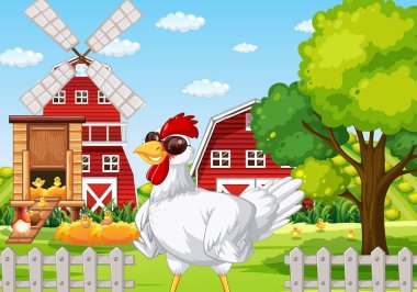 Güneş gözlüğü takan bir tavukla çiftlik sahnesi.