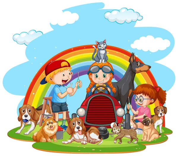 Kinder Mit Vielen Hunden Mit Regenbogenhintergrund — Stockvektor