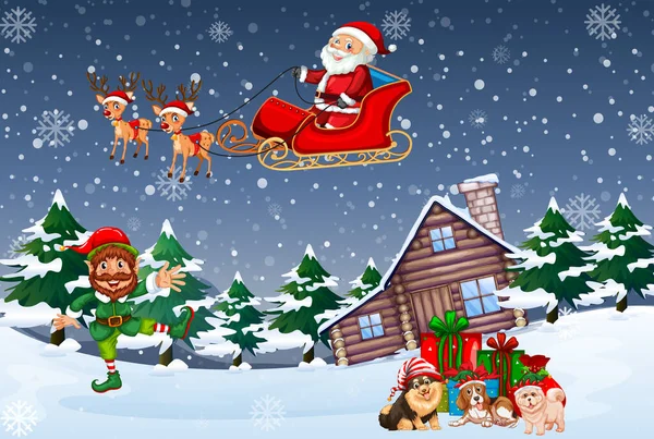 Snowy Nacht Scène Met Kerst Cartoon Personages Illustratie — Stockvector