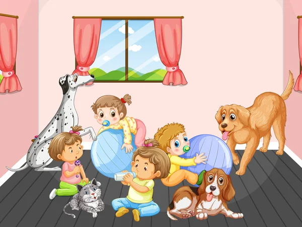 Room Scene Babies Playing Dogs Illustration — Stockvector