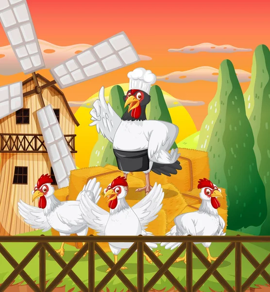 Bir Grup Tavuk Çizgi Film Karakteri Illüstrasyonuyla Çiftlik Sahnesi — Stok Vektör