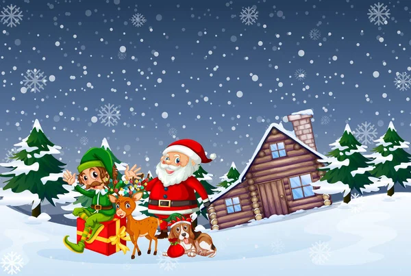 有圣诞卡通人物插图的雪夜场景 — 图库矢量图片