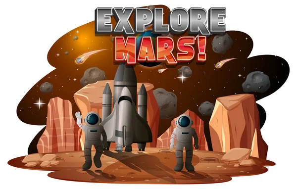 Explore Mars Word Logo Design Astronaut Planet Illustration — Vector de stock