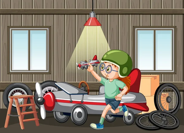 Scenă Garaj Copii Care Fixează Mașină Împreună Ilustrație — Vector de stoc