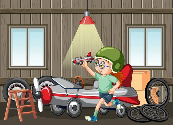 Garage Scene Met Kinderen Vaststelling Van Een Auto Samen Illustratie — Stockvector