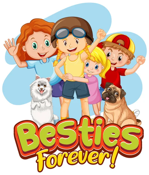 Besties Forever Typography Logo Children Cartoon Characters Illustration — Stock Vector