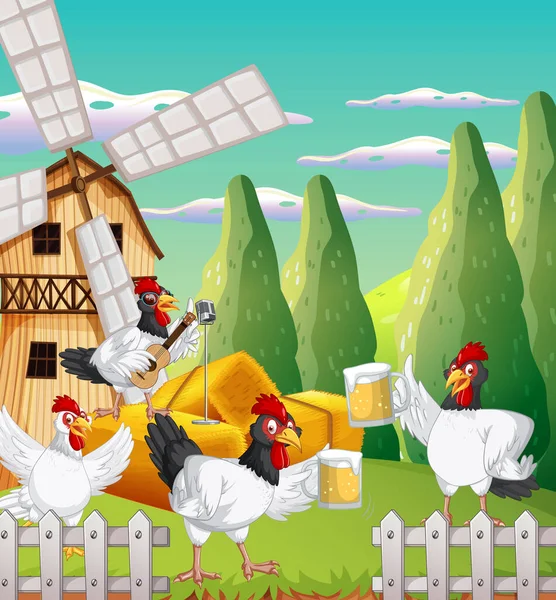 Farm Scene Chickens Cartoon Style Illustration — Stock Vector