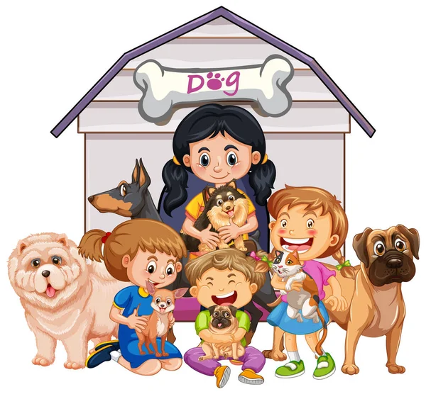 Kinderen Met Veel Honden Cartoon Stijl Illustratie — Stockvector