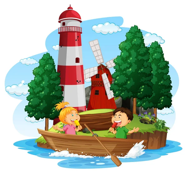 Maják Ostrově Dětmi Dřevěné Lodi Ilustrace — Stockový vektor