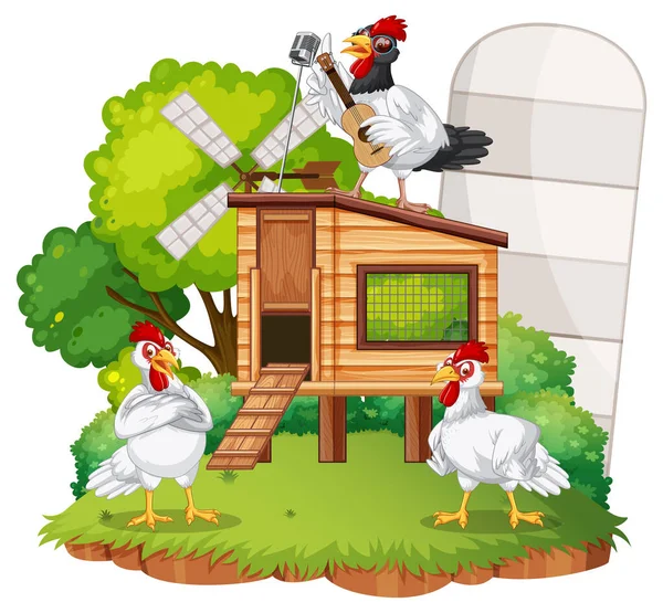 Isolated Scene Group Chickens Cartoon Style Illustration — Stock Vector