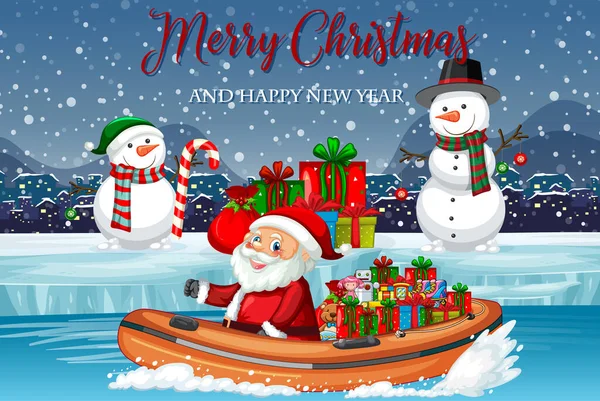 Merry Christmas Poster Santa Delivering Gifts Boat Illustration — Stock Vector
