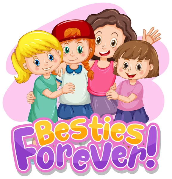 Besties Forever Typografie Logo Mit Niedlichen Mädchen Gruppe Illustration — Stockvektor