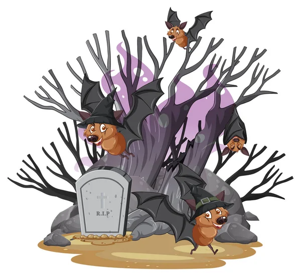 Group Bats Halloween Forest Illustration — Stock Vector