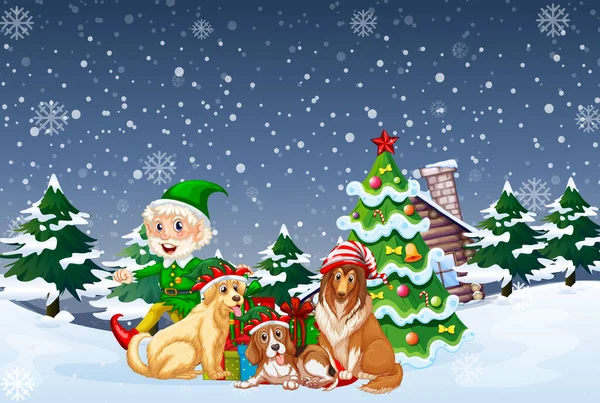 Snowy Nacht Scene Met Elf Honden Cartoon Stijl Illustratie — Stockvector