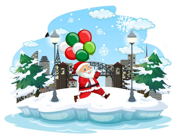 Snowy Dag Met Kerstman Wandelen Stad Illustratie — Stockvector
