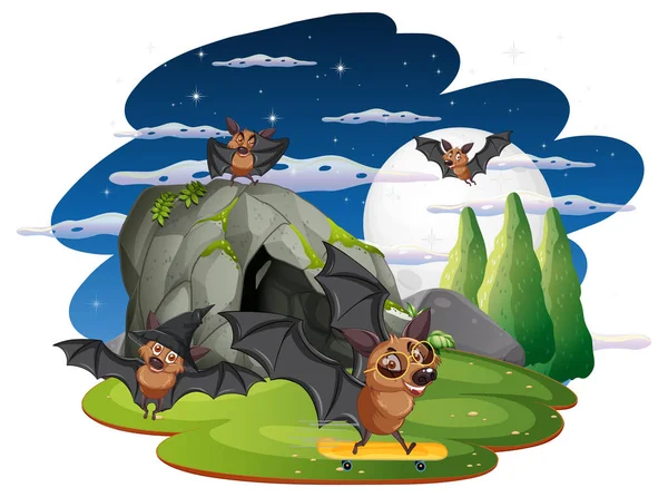 夜间森林中的蝙蝠群图解 — 图库矢量图片