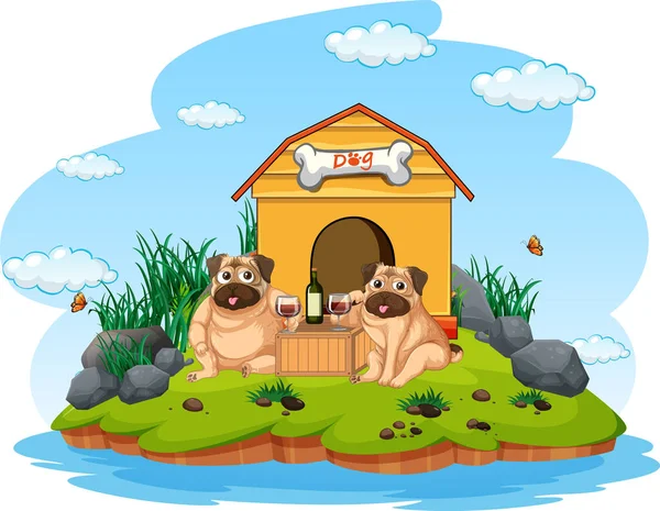 Twee Pugs Drinken Wijn Bij Het Hondenhok Illustratie — Stockvector
