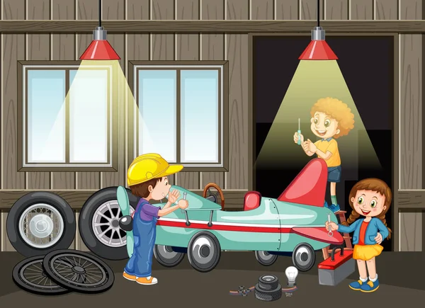 Children Repairing Car Together Garage Illustration — Stockvector