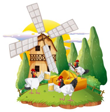 Çizgi film tarzında bir grup tavuğun izole edilmiş bir sahnesi.